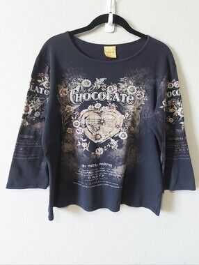 Y2K Whimsy Goth Boho Cotton Rhinestones Floral Chocolate Graphic Long Sleeve Tee